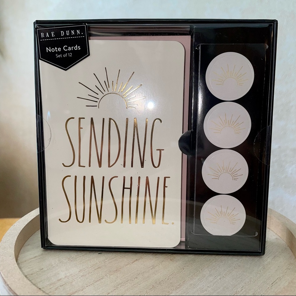 Rae Dunn SENDING SUNSHINE Note Card Set & Gold Sun Design Stickers BRAND NEW!!